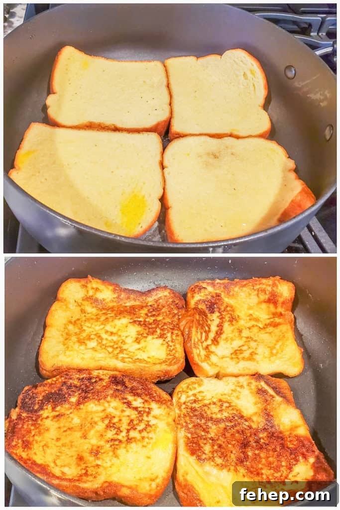 Cooking french toast in skillet Prep image showing french toast being cooked in black skillet.