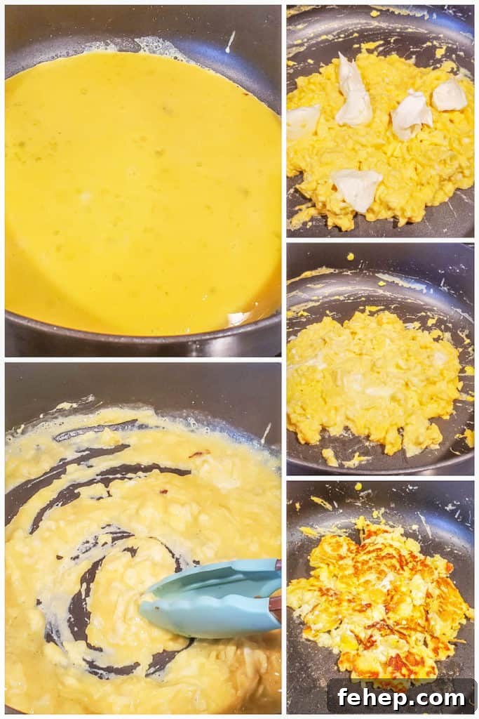 Cooking eggs for sandwich Prep image collage showing eggs being cooked in a black skillet.