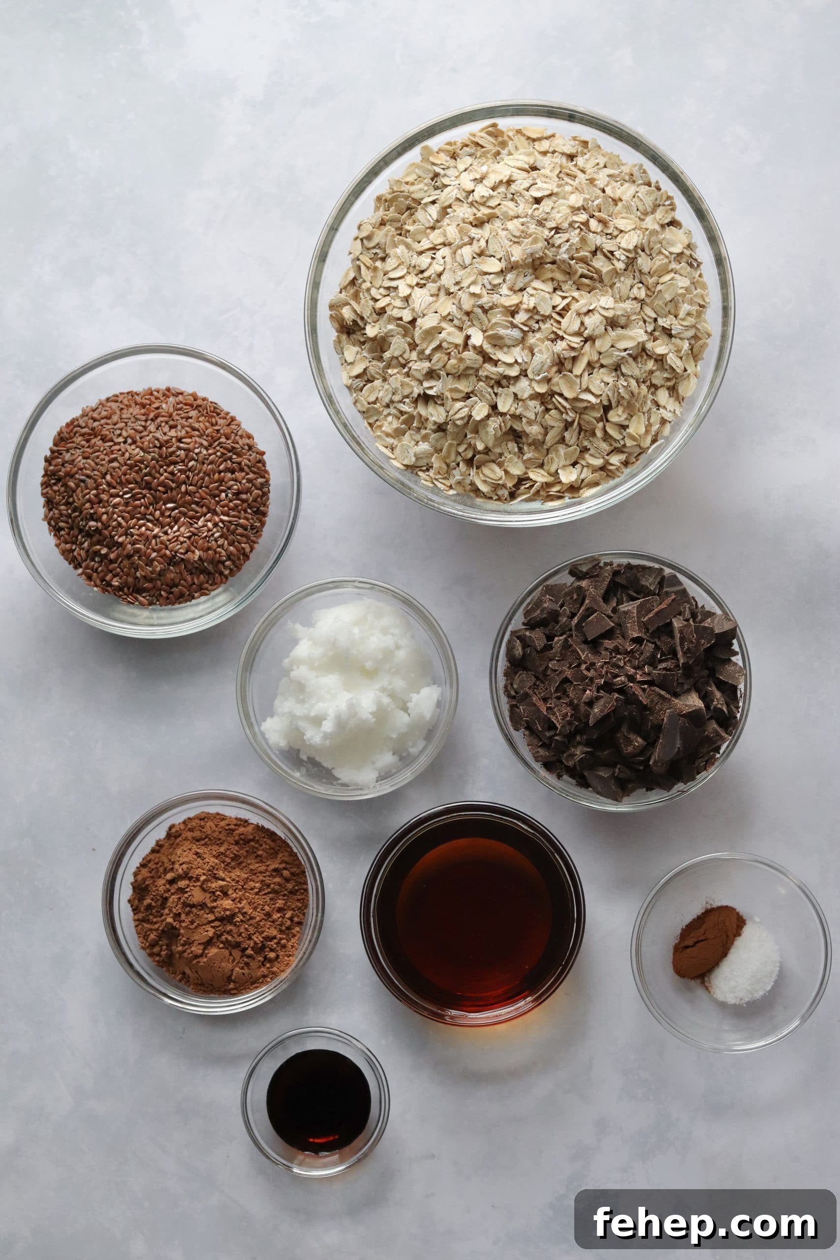 Decadent Vegan Double Chocolate Granola Recipe 3 Chocolate granola ingredients in glass bowls