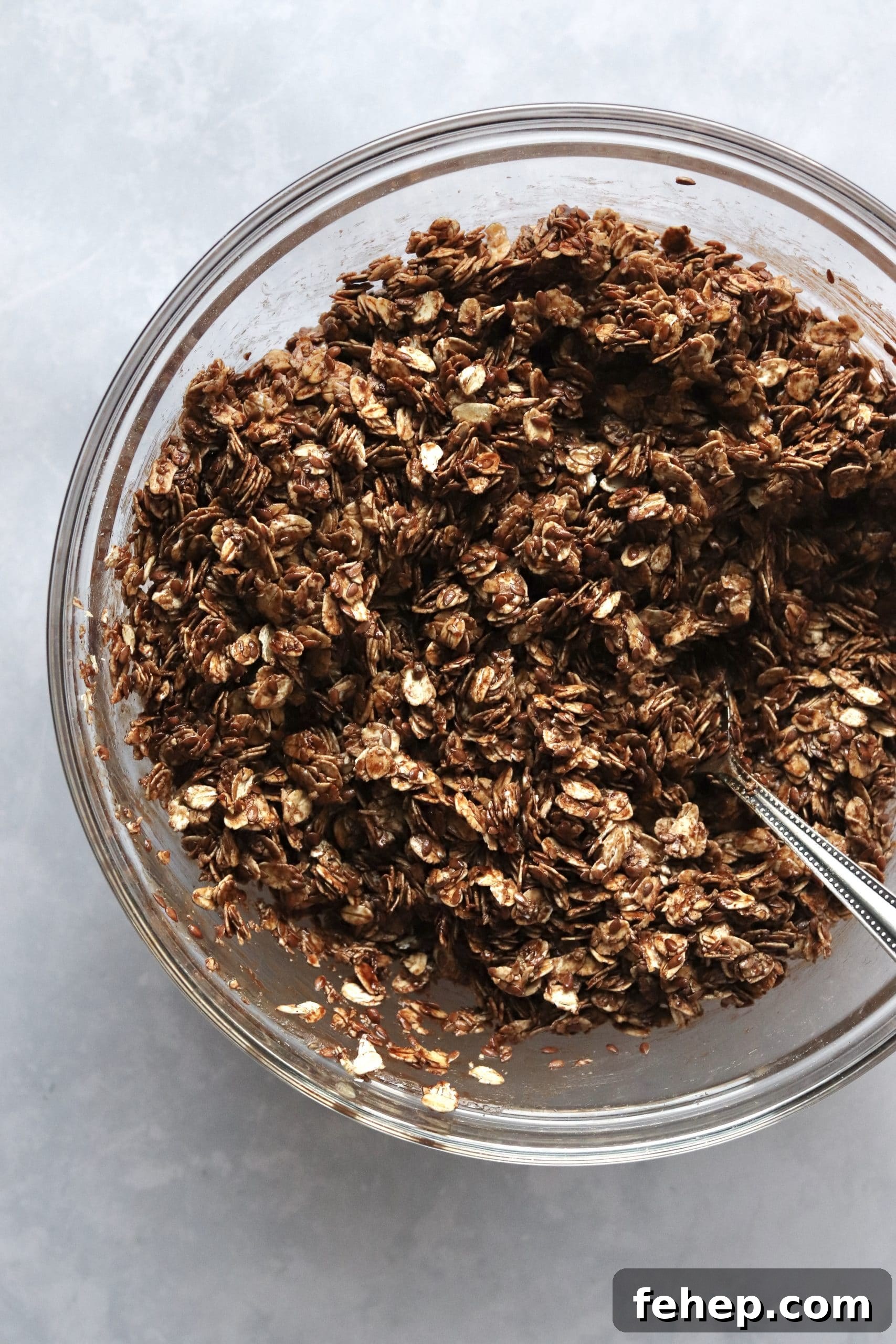 Decadent Vegan Double Chocolate Granola Recipe 4 Bowl of unbaked vegan chocolate granola