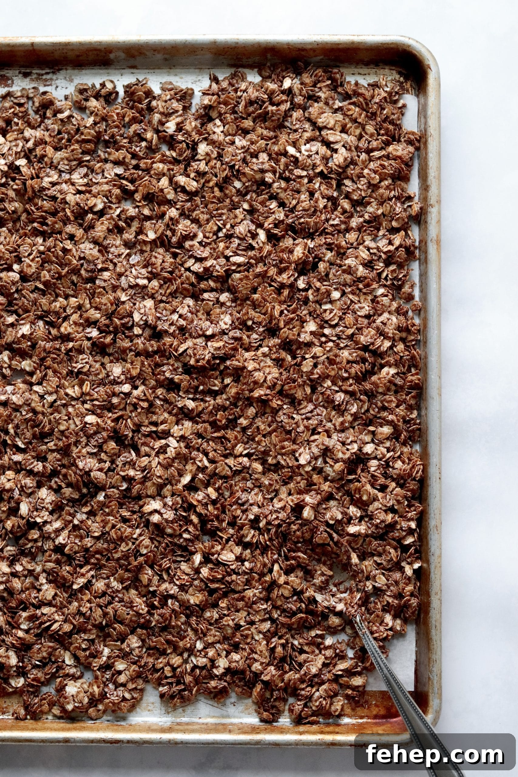 Decadent Vegan Double Chocolate Granola Recipe 5 unbaked homemade chocolate granola on sheet pan