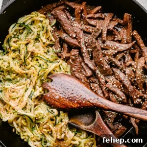 Skillet with flank steak and zoodles