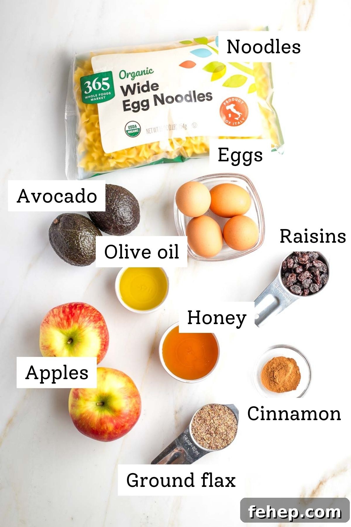 Labeled ingredients: noodles, avocado, olive oil, eggs, raisins, honey, apples, cinnamon, ground flax.