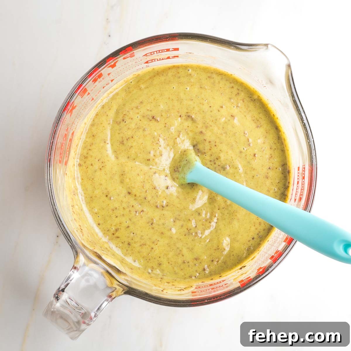 Grainy brownish-green mixture in a large measuring cup.
