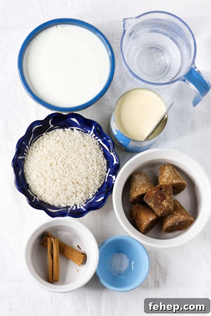 Bowl with milk, measuring cup with water, evaporated milk, white rice, piloncillo cones, cinnamon sticks and salt on a white background