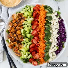 Spicy Buffalo Chicken Salad Recipe with Creamy Ranch Dressing 15 Colorful rows of buffalo chicken salad in a round bowl with creamy dressing on the side.
