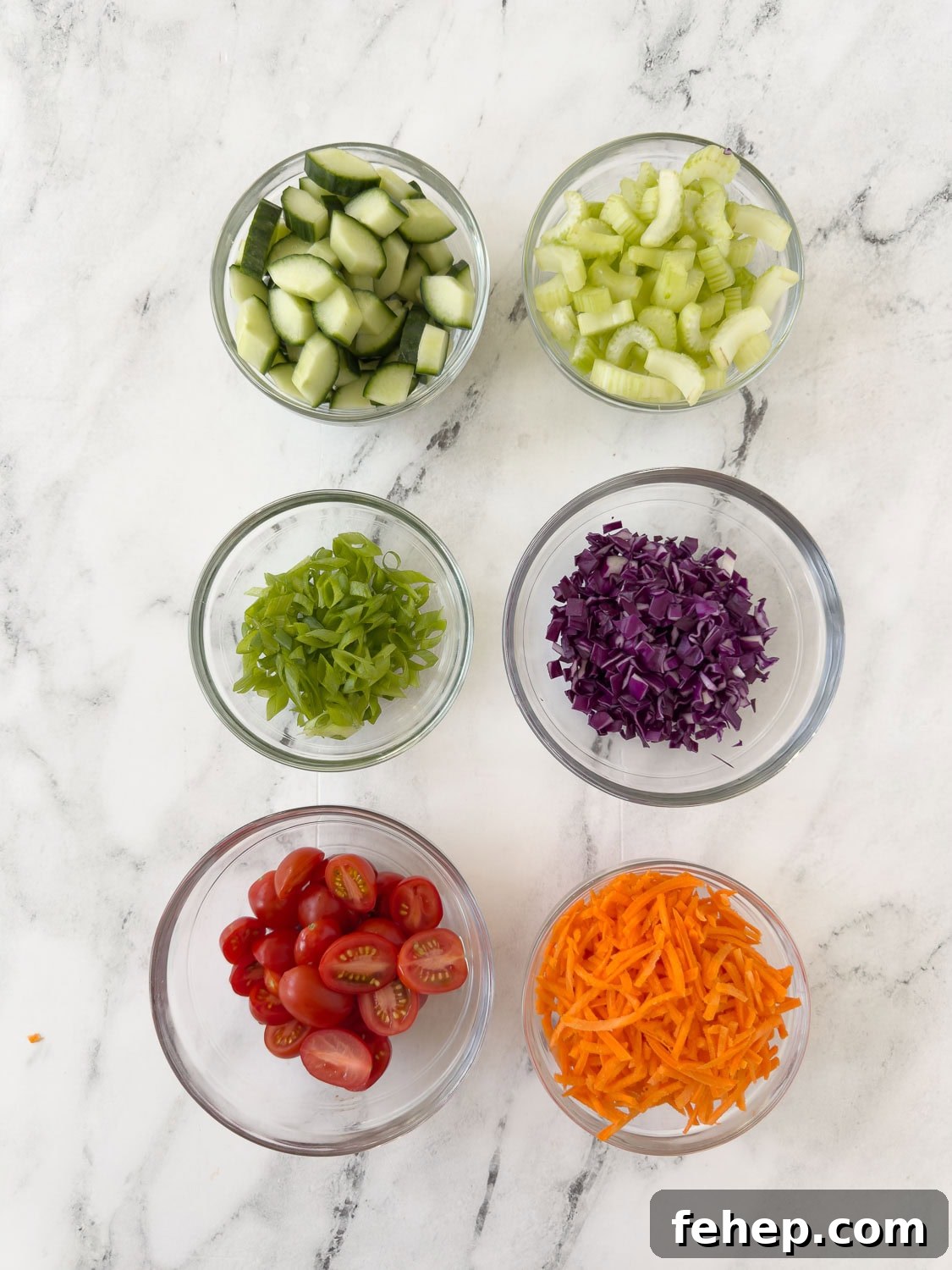 Spicy Buffalo Chicken Salad Recipe with Creamy Ranch Dressing 7 Prepped ingredients for a buffalo chicken salad in small bowls.