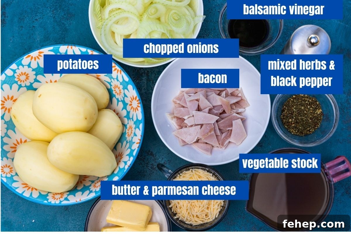 A collage showing the labelled ingredients used to make a potato bake with bacon or boulangere potatoes