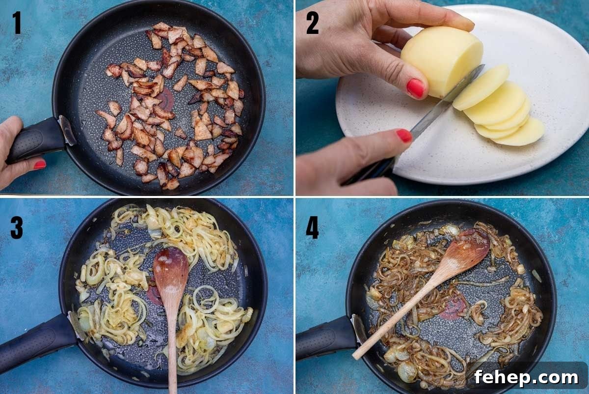 Collage of 4 images showing how to make a potato bake with bacon or boulangere potatoes