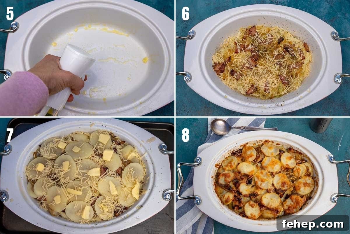 2nd collage of 4 images showing how to layer a potato bake with bacon or boulangere potatoes