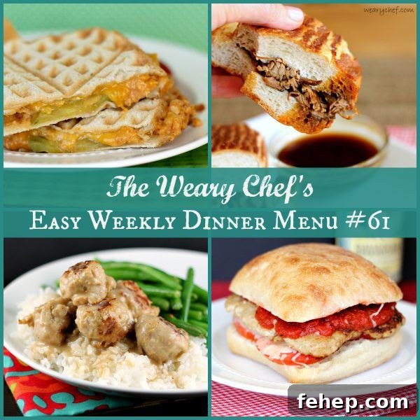 Weekly Dinner Menu 61: Simple Sandwich Recipes for Busy Nights 2 This week's dinner menu features easy sandwich recipes including Spicy Tuna Melts, Chicken Parmesan Burgers, and Slow Cooker French Dips!