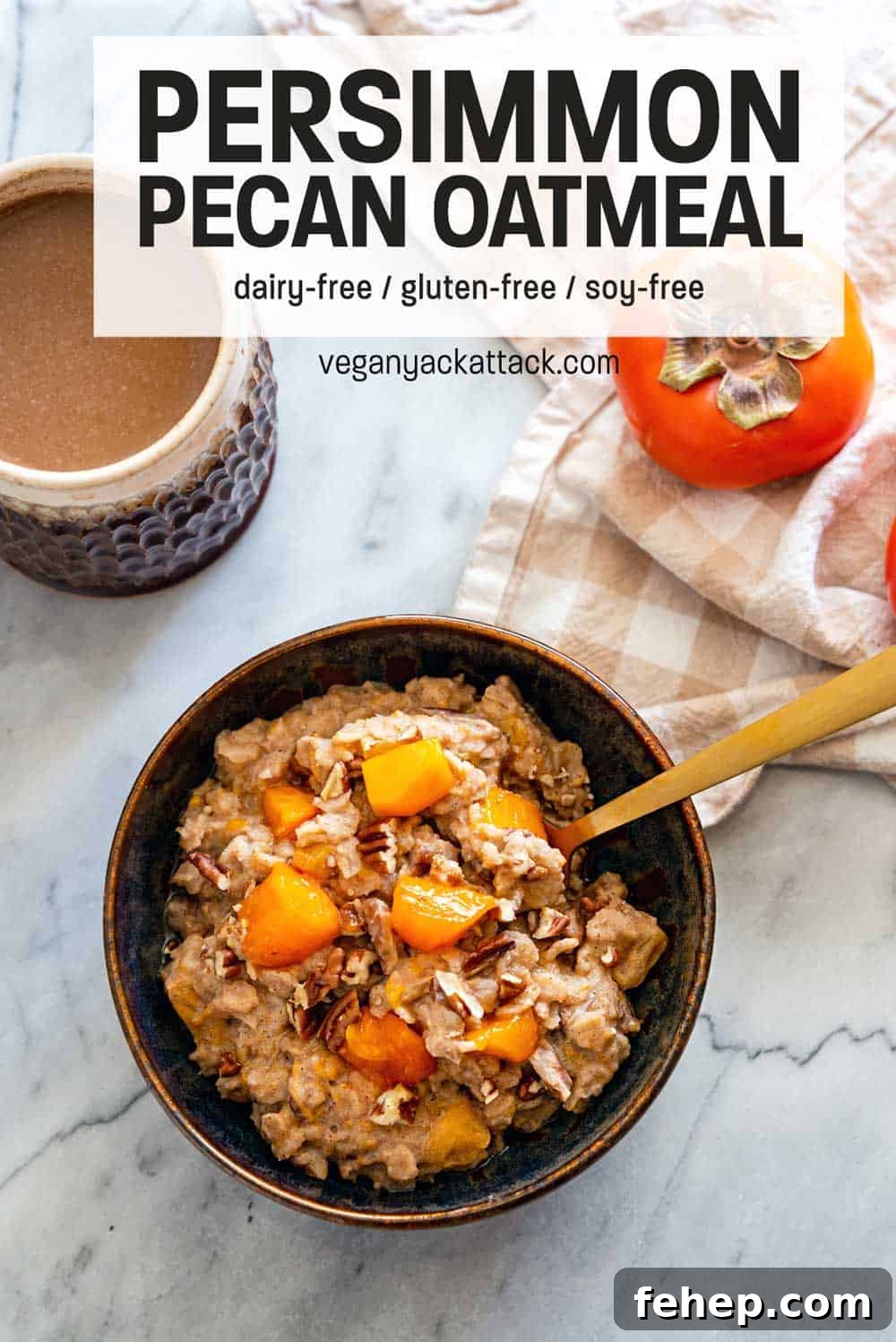 Ceramic bowl filled with persimmon oatmeal, and golden spoon, with a cup of coffee