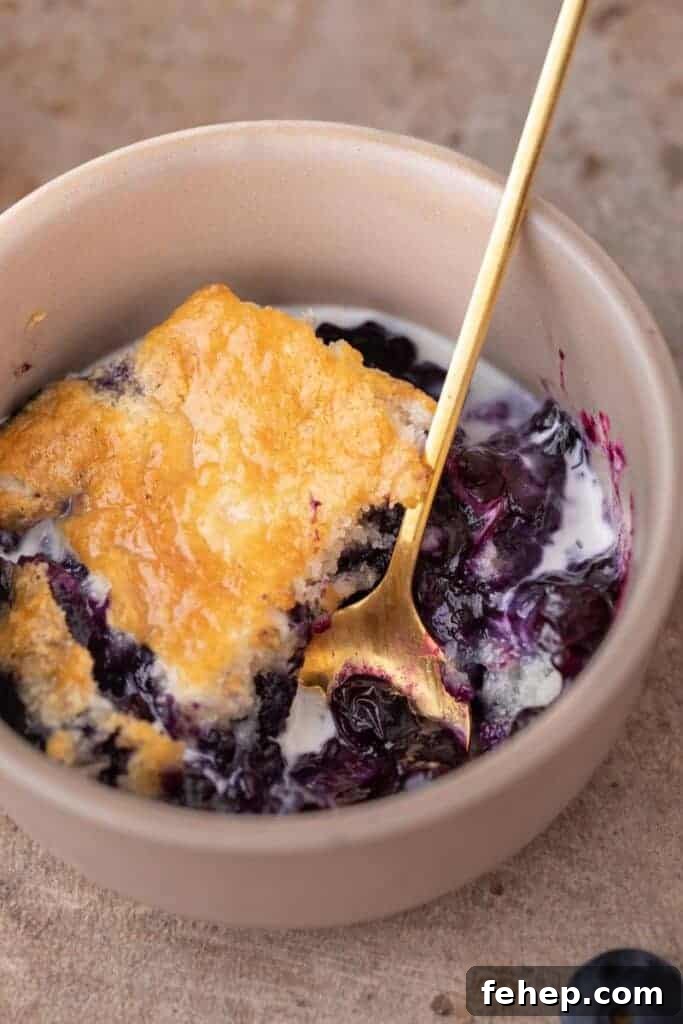Closeup of blueberry cobbler in a bowl with sweet cream