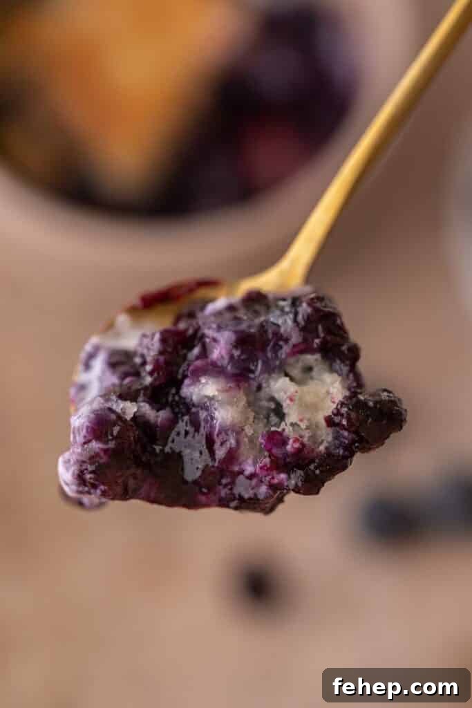Spoonful of homemade blueberry cobbler showing the jammy blueberry filling
