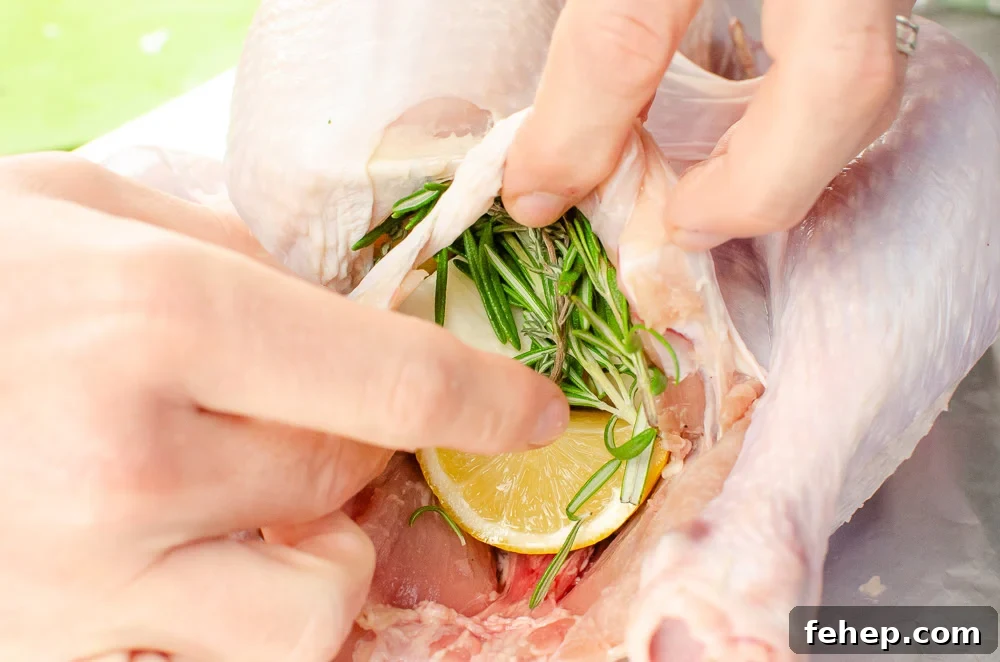 How to Roast a Small Whole Turkey: Step-by-Step Guide 6 Stuffing the turkey with chunks of lemon, onion and sprigs of rosemary and thyme