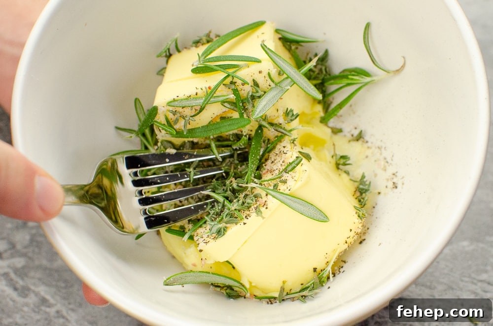 How to Roast a Small Whole Turkey: Step-by-Step Guide 7 Mixing butter, rosemary, thyme, salt and pepper together in a white bowl