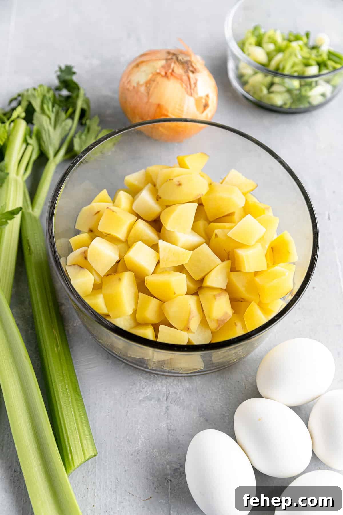 Chopped Potatoes, Hard-Boiled Eggs, a Yellow Onion and the Rest of the Potato Salad Ingredients on a Gray Countertop