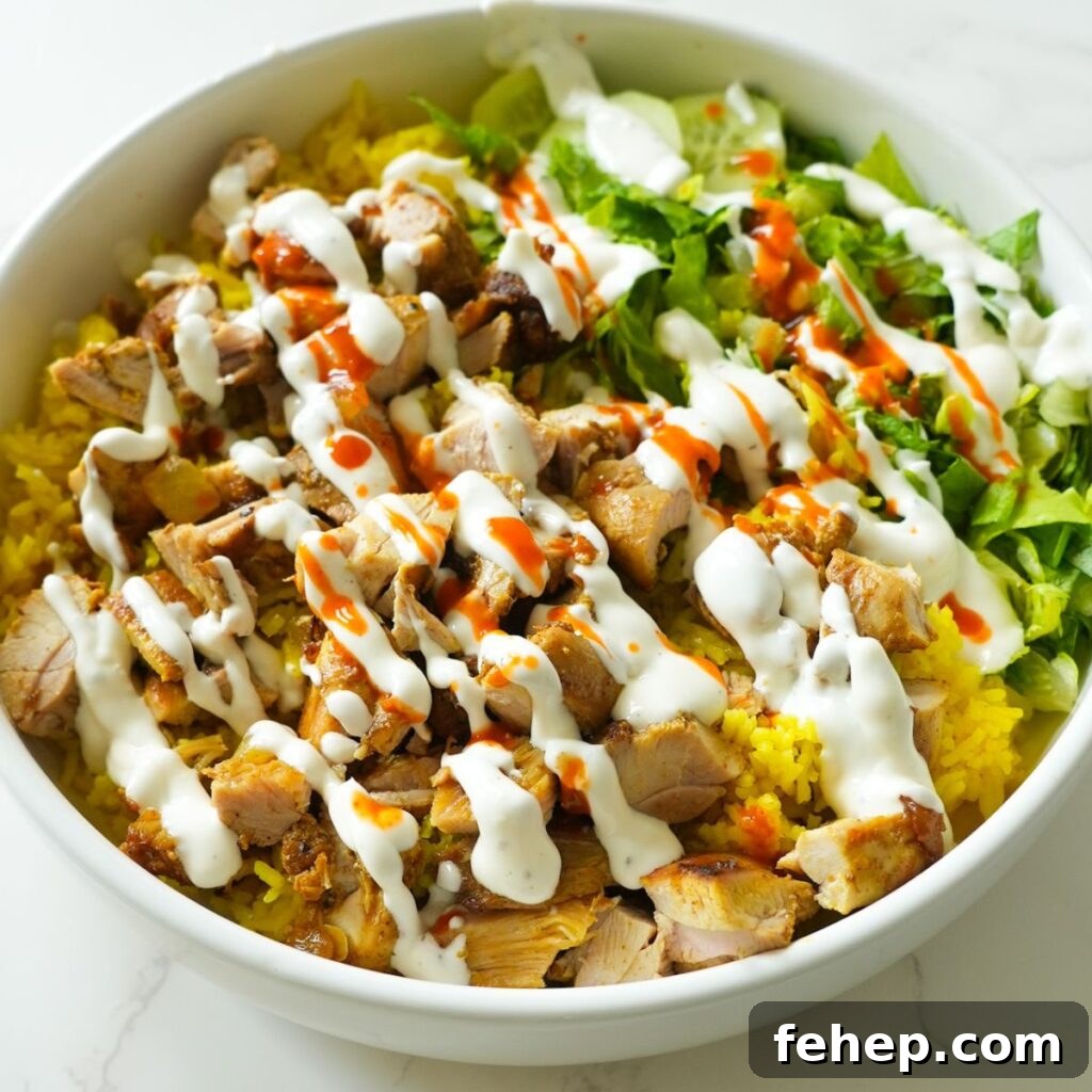 Halal cart chicken over rice with creamy white sauce, lettuce, and a dash of hot sauce.