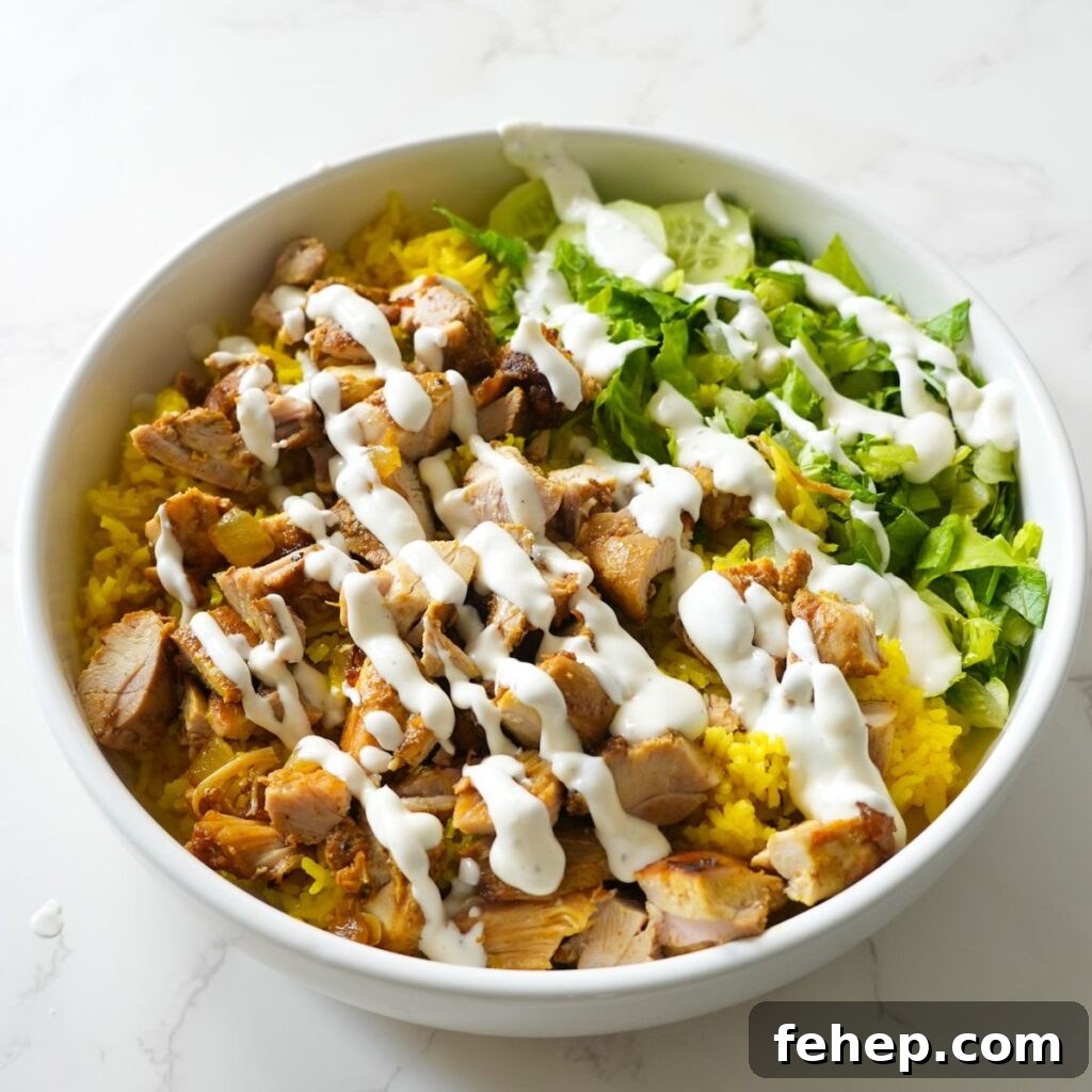 Halal cart chicken over rice with creamy white sauce and lettuce.