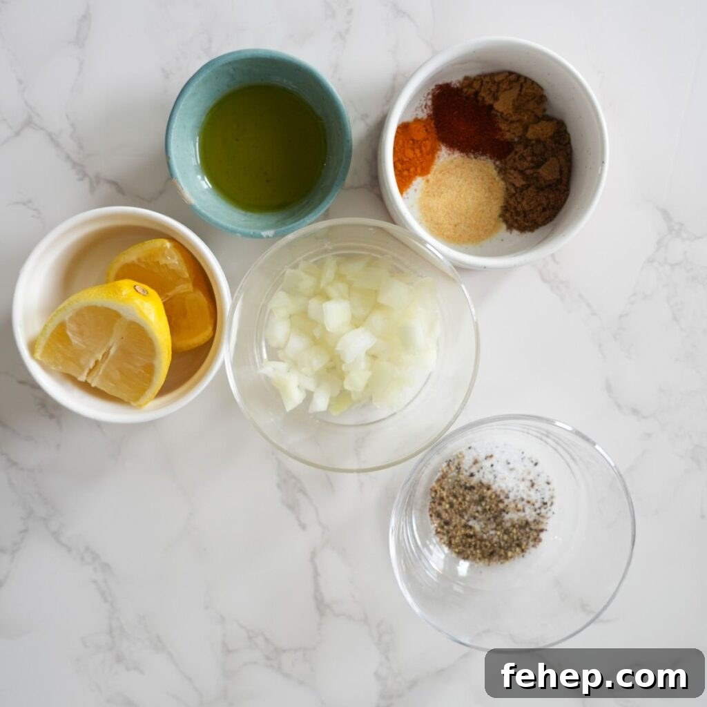 Lemon, salt and pepper, diced onions, olive oil and seasonings. 