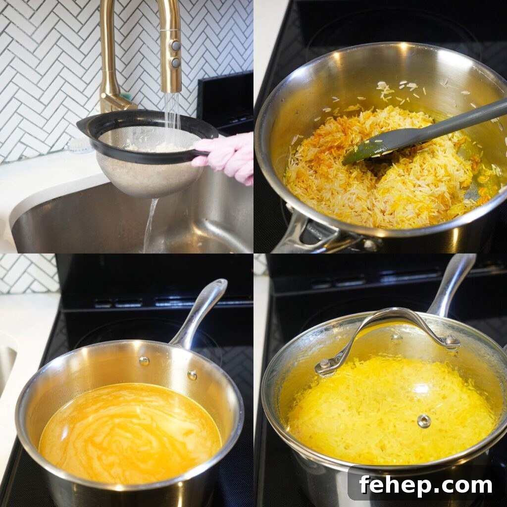 Washing rice and then making rice in a silver pan. 