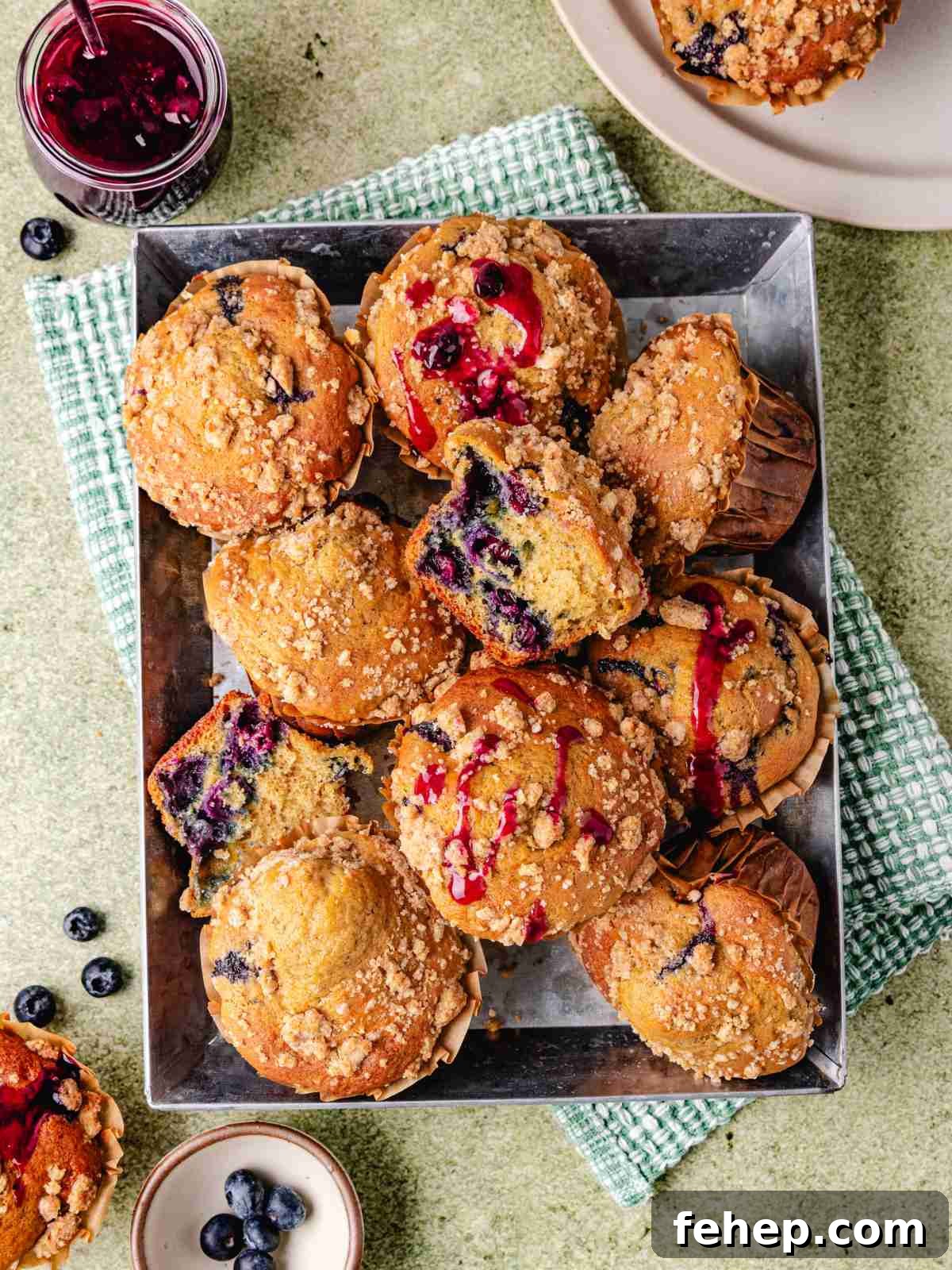 cottage cheese muffins with blueberry in a square bowl. 