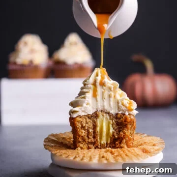 Pouring caramel syrup over hazelnut cupcake