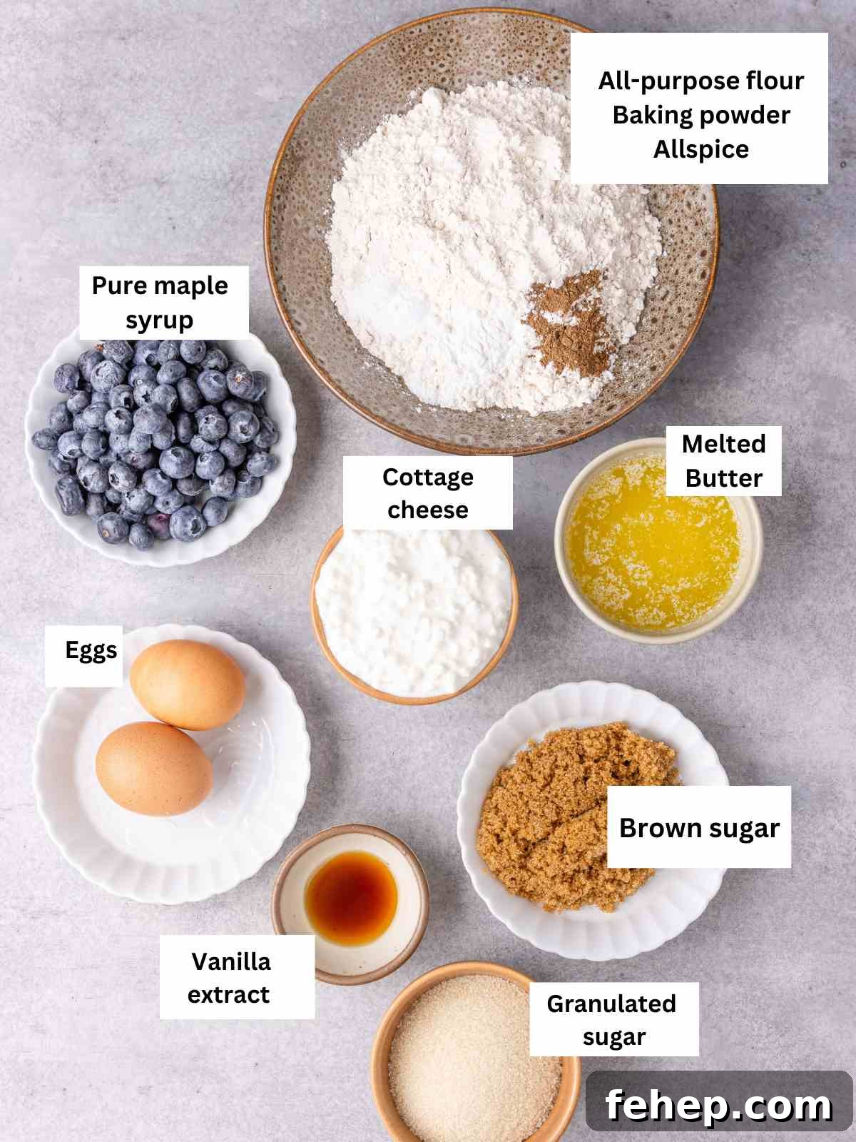 All the ingredients needed to make the cottage cheese muffins.