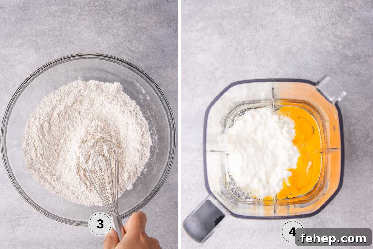 Mixing the dry ingredient, and combining the wet ingredient in a blender.