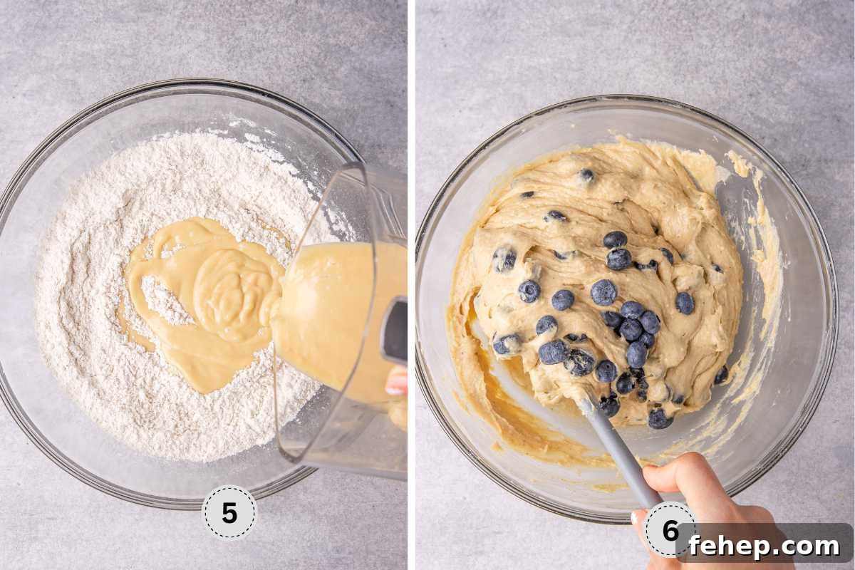 Pouring the wet batter into the dry ingredients, and folding in the blueberries.