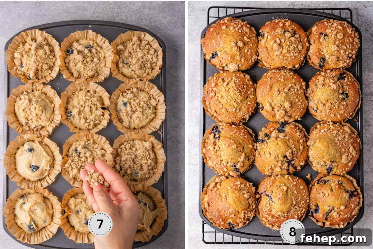 Topping the line muffin batter with streusel, and showing the baked blueberry muffins.