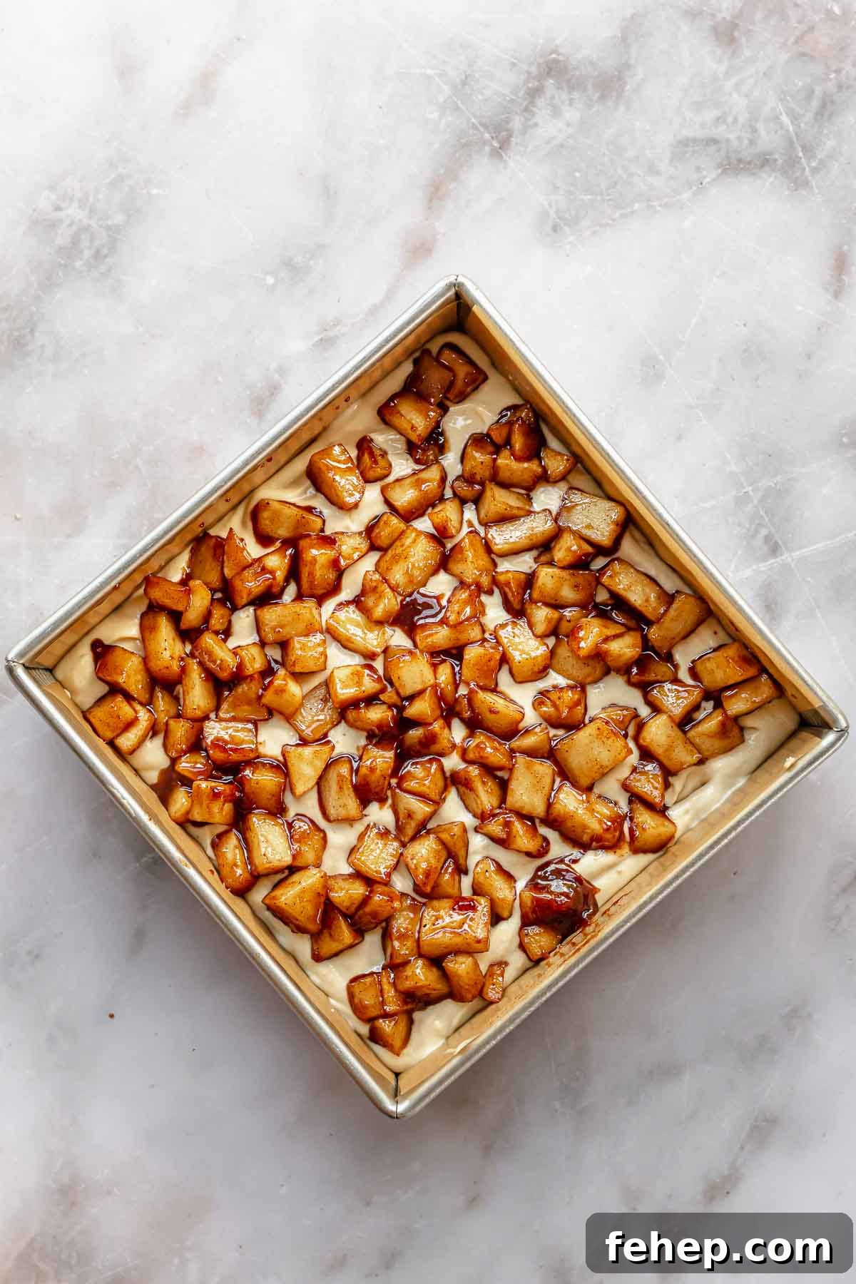 Cinnamon apple chunks on top of cake batter.
