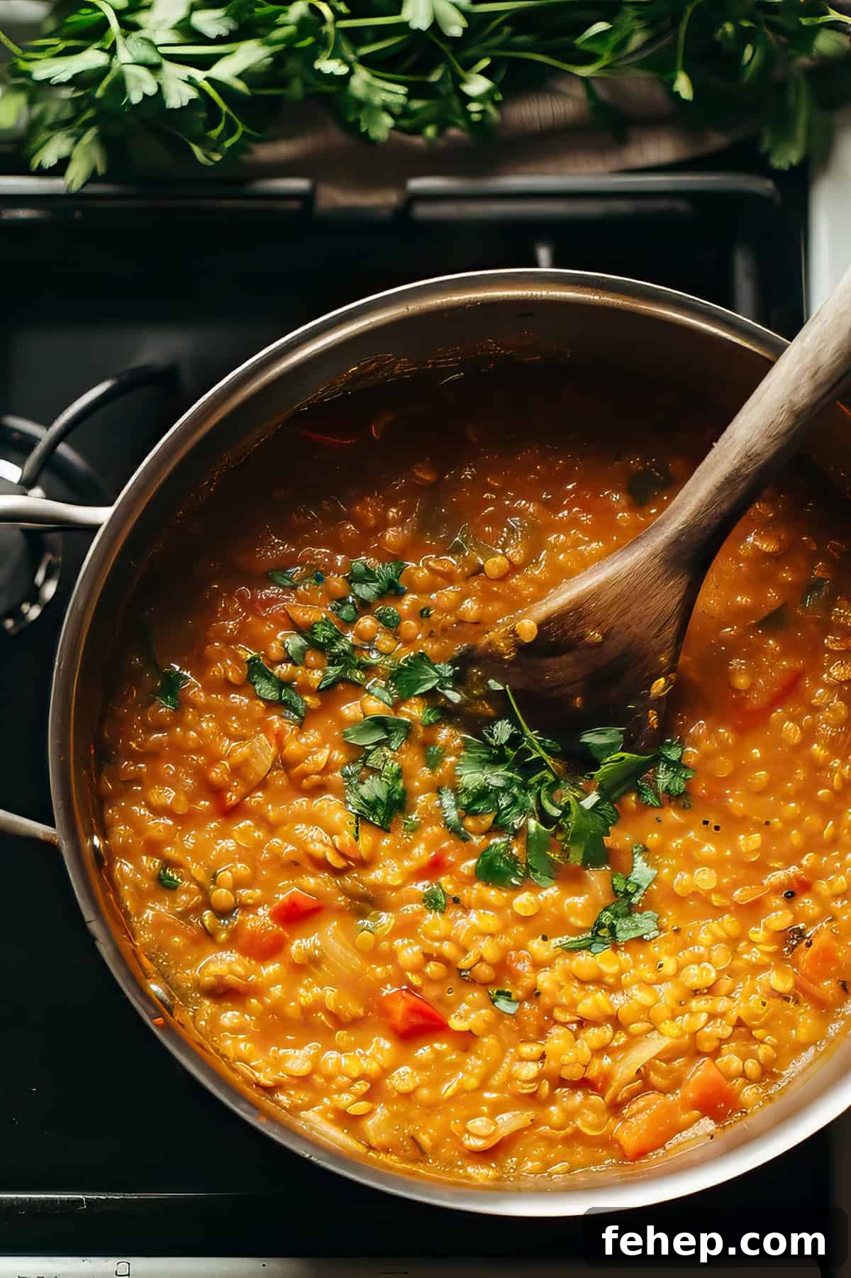 Red lentil curry with spinach and tomatoes in a pan simmering on the stove top.