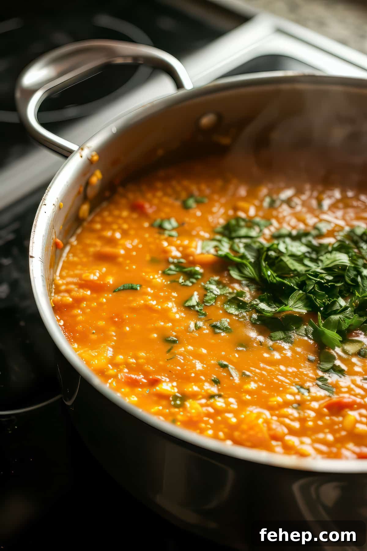 Red lentil curry with spinach and tomatoes in a pan simmering on the stove top.