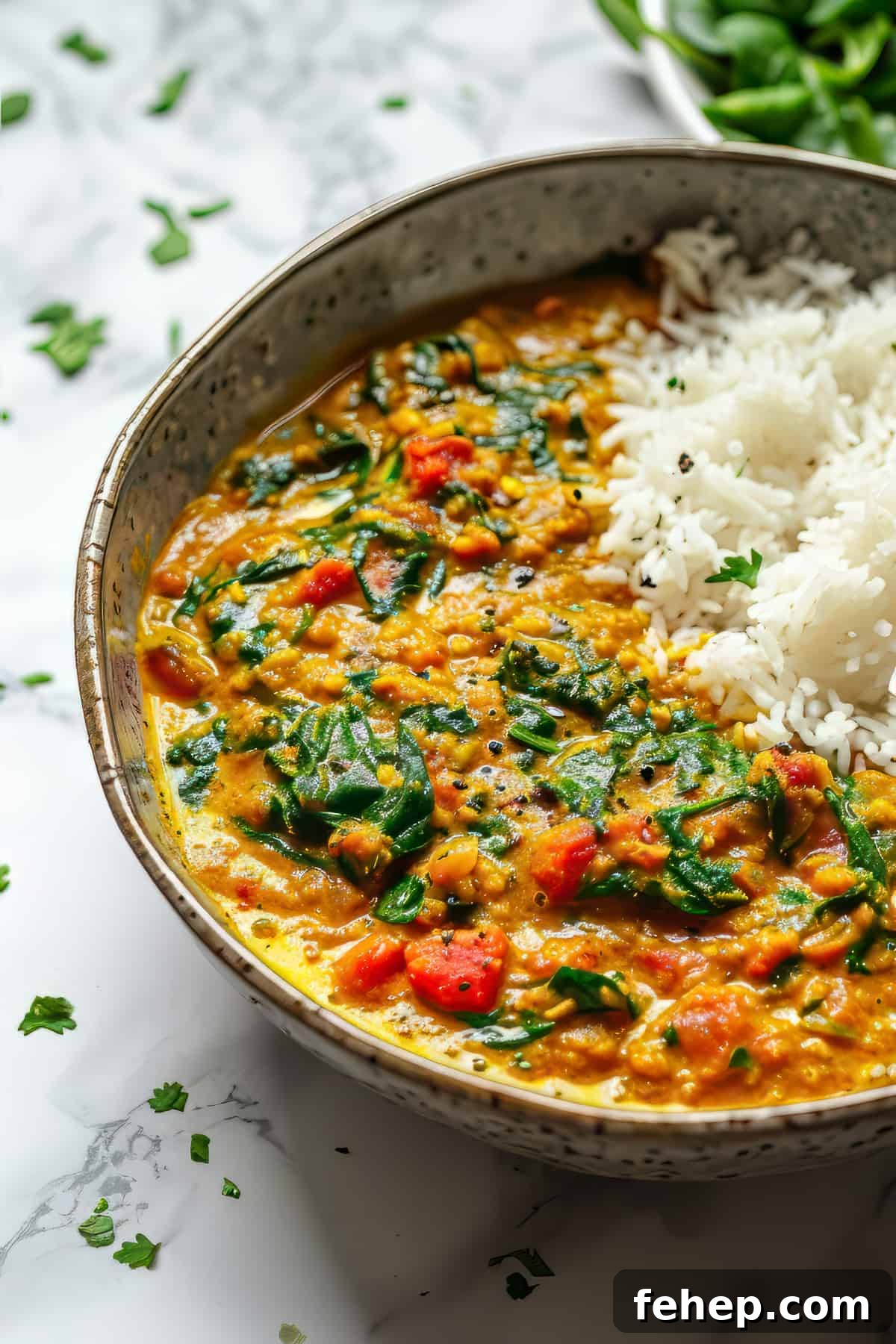 Red lentil curry (dhal) with spinach and tomatoes topped with cilantro.