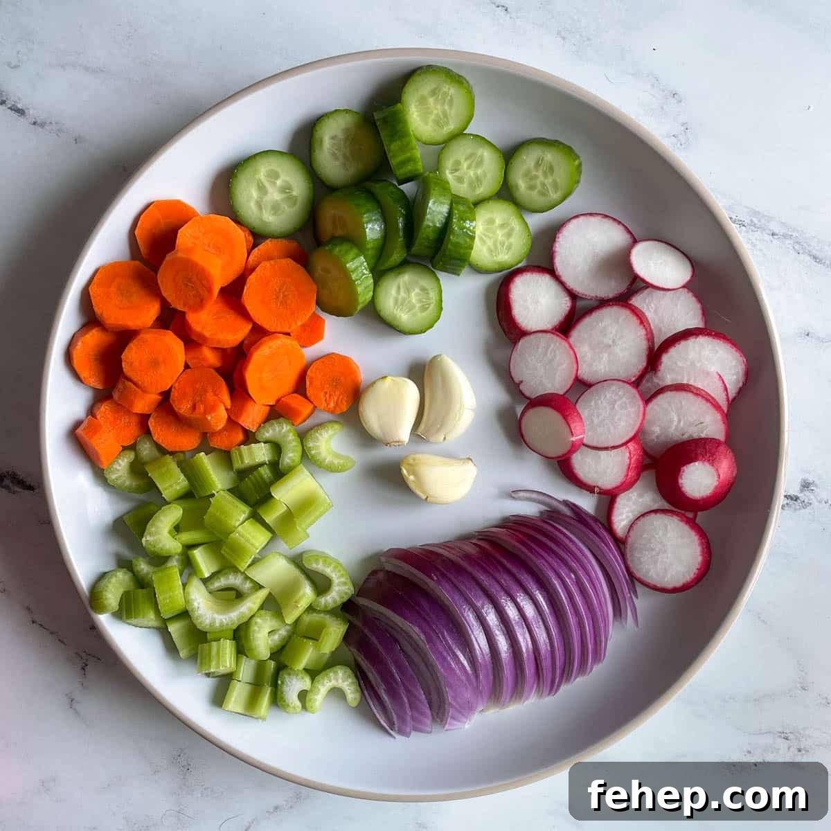Sliced red onion, celery, carrot, cucmber, radish, and smashed garlic cloves sit on a white plate.
