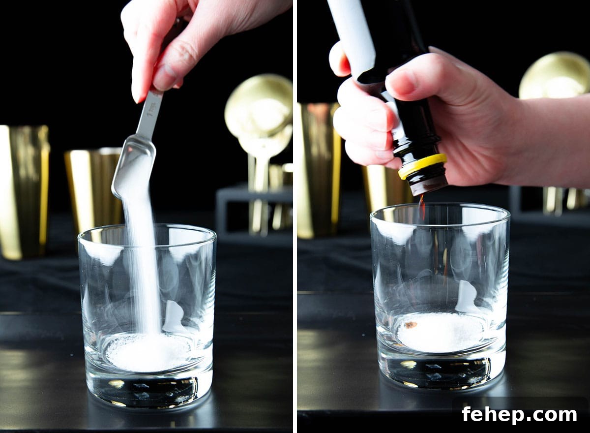 Classic Old Fashioned Cocktail Recipe: How to Make It Perfectly 4 Two photos showing How to Make an Old Fashioned Drink Recipe – adding sugar and Angostura bitters to a cocktail glass