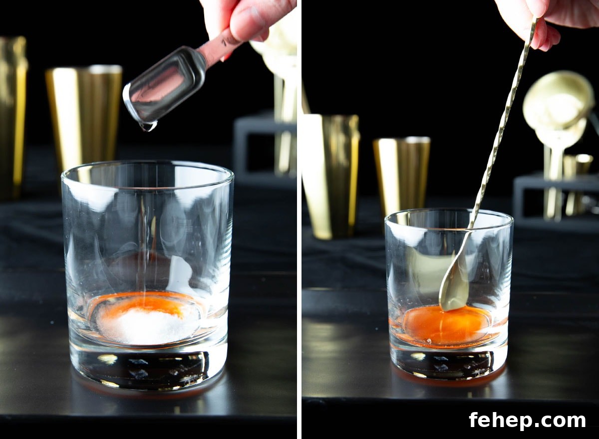 Classic Old Fashioned Cocktail Recipe: How to Make It Perfectly 5 Two photos showing How to Make an Old Fashioned Drink– adding water and stirring with a cocktail stirring spoon