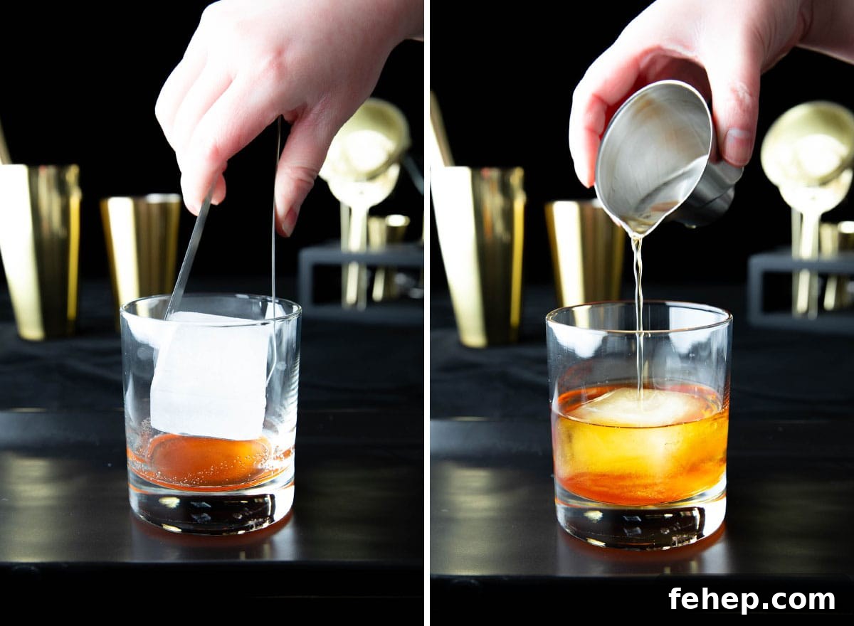 Classic Old Fashioned Cocktail Recipe: How to Make It Perfectly 6 Two photos showing How to Make an Old Fashioned – dropping an ice cube and adding whiskey to the cocktail