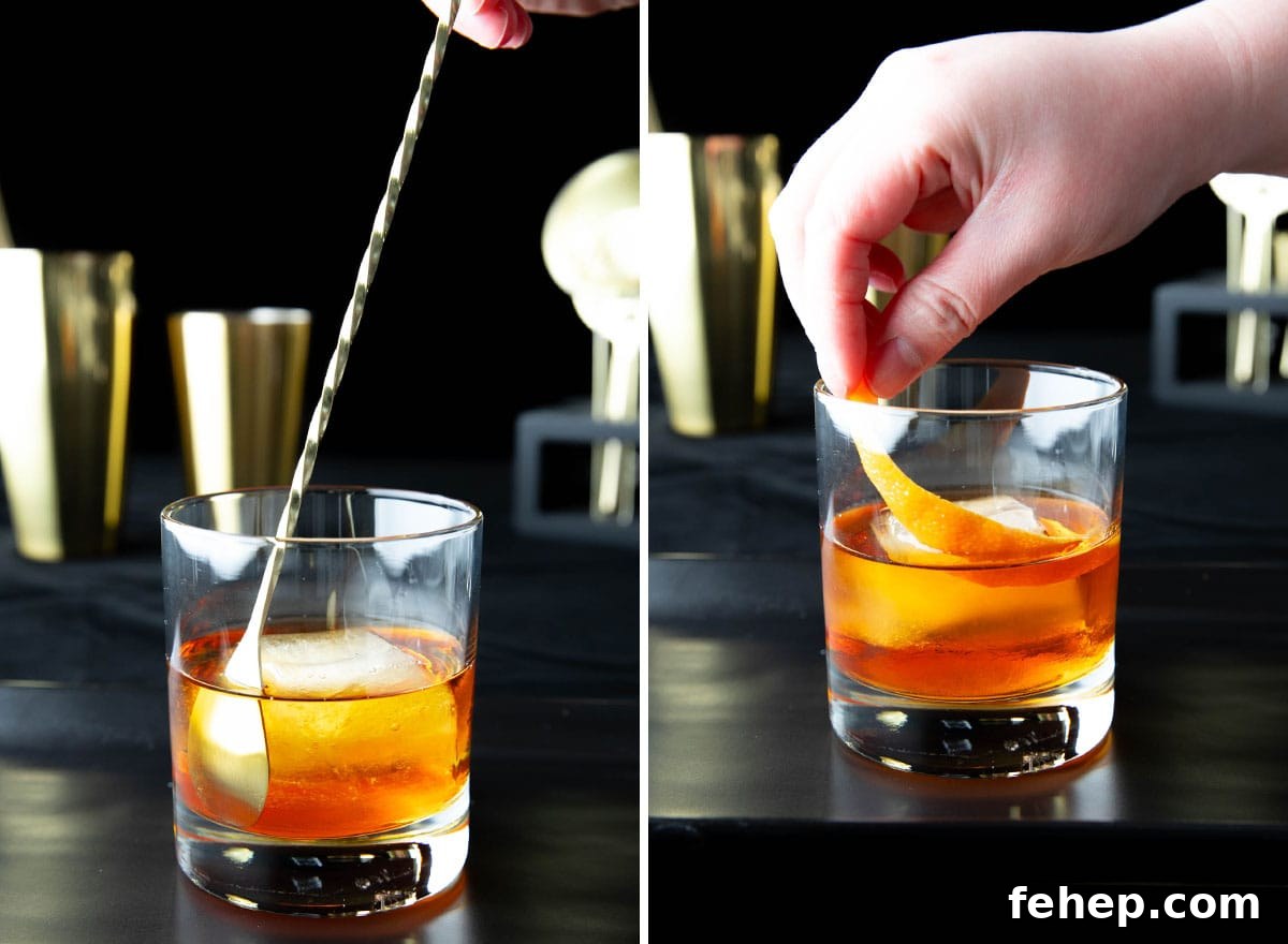 Classic Old Fashioned Cocktail Recipe: How to Make It Perfectly 7 Two photos showing How to Make this whiskey cocktail – stirring the cocktail and adding garnish