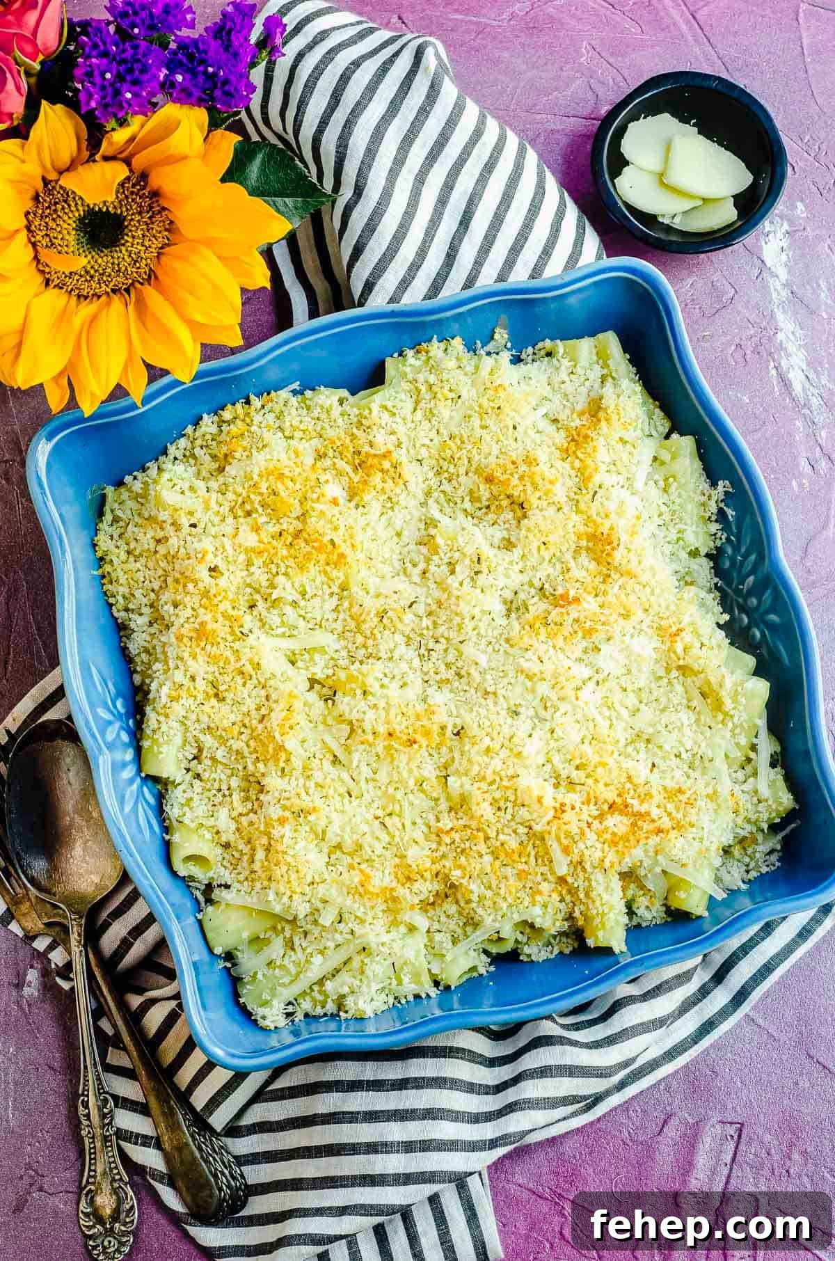 A closer view of vegan mac and cheese in blue dish