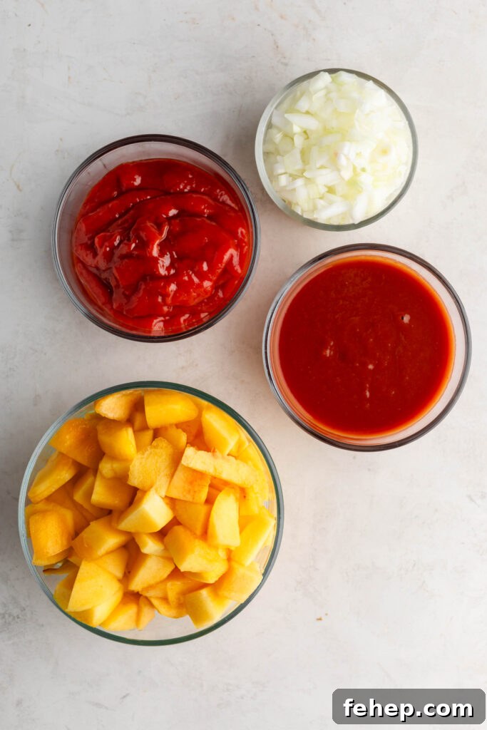 bowls of diced onion, ketchup, tomato sauce, chopped peaches