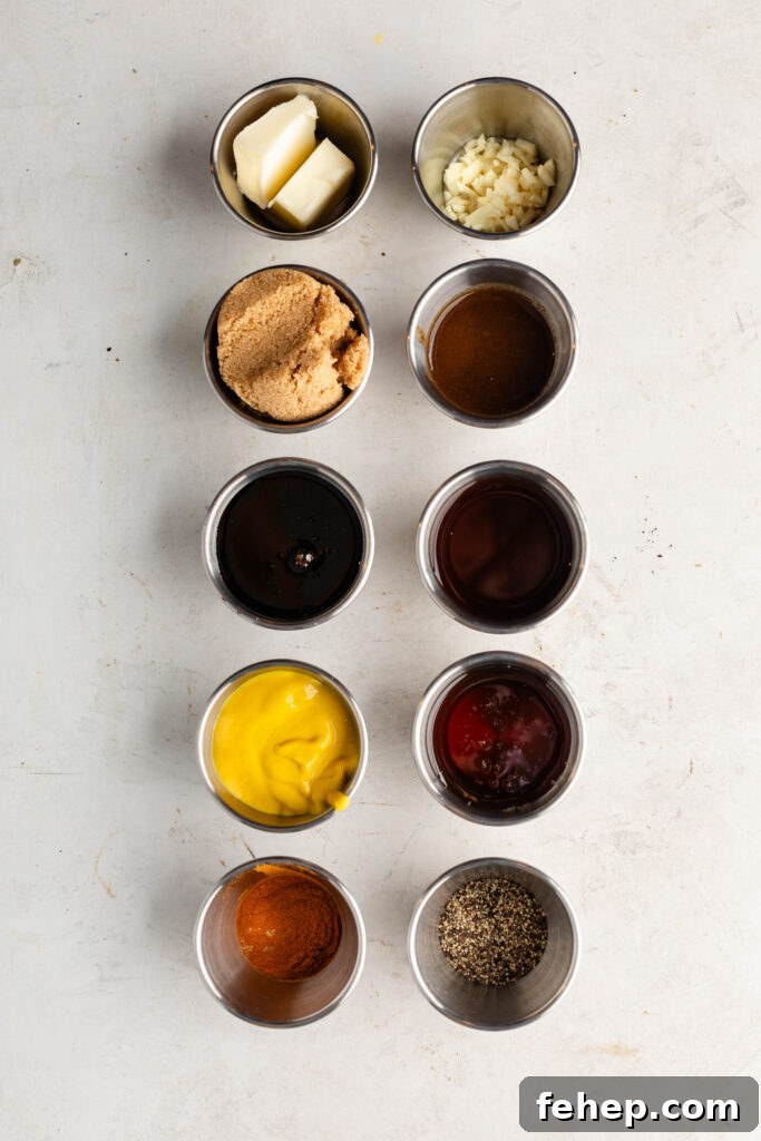 pinch bowls with butter, garlic, brown sugar, mustard, molasses, honey, worcestershire sauce, cayenne pepper, red wine vinegar, tomato paste, salt and pepepr