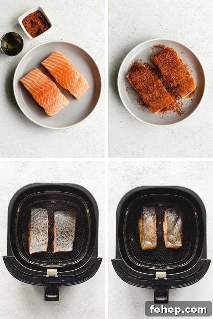 Collage of four images showing how two salmon fillets are seasoned and air fried skin side up in the air fryer.