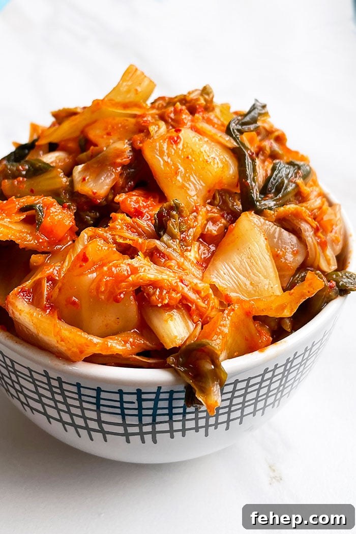Easy Homemade Kimchi in White Bowl on White Background