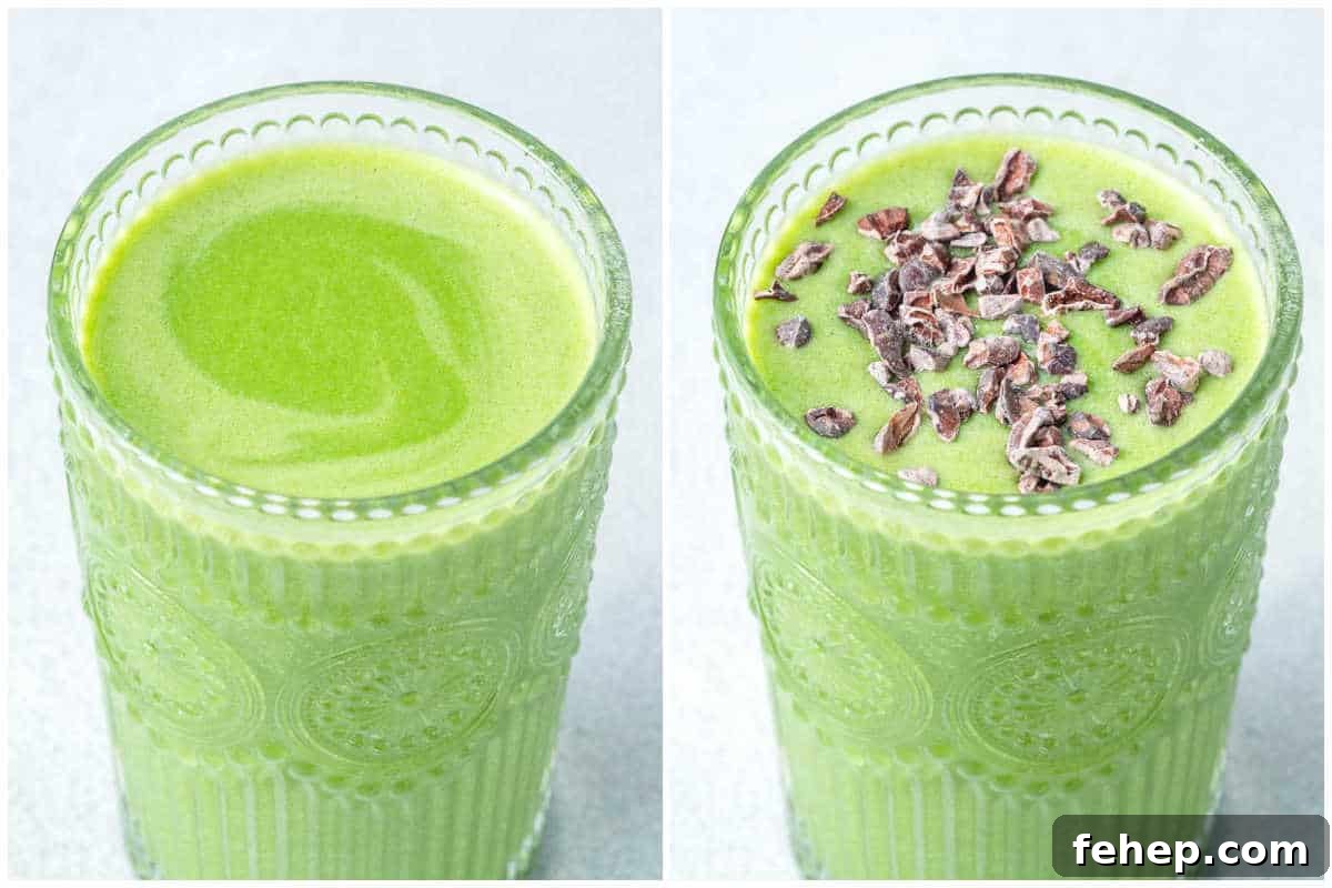 process shot to add the blended smoothie in a cup and top with cocoa nibs.