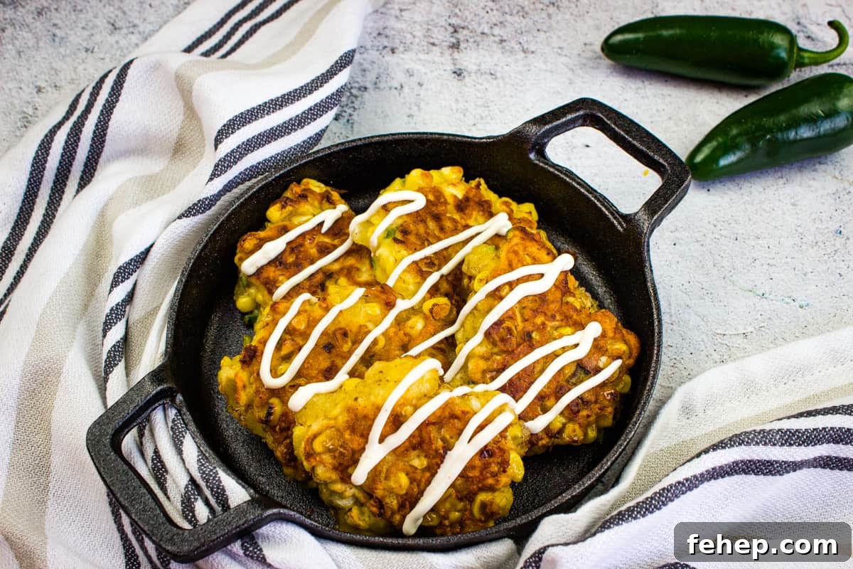 Corn fritters in a black cast iron pan.