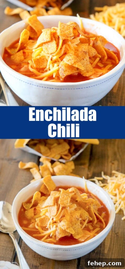 bowl of enchilada chili with fritos on top for pinterest