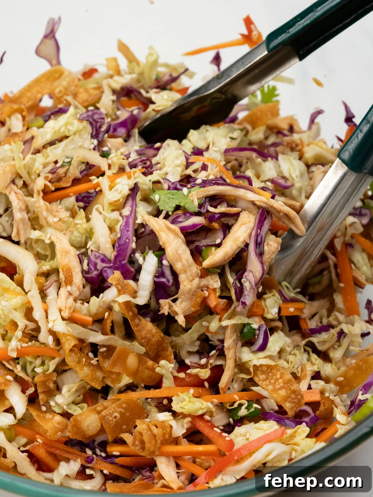 shredded chicken, cabbage, carrots, peppers all tossed in an Asian Sesame Dressing. 
