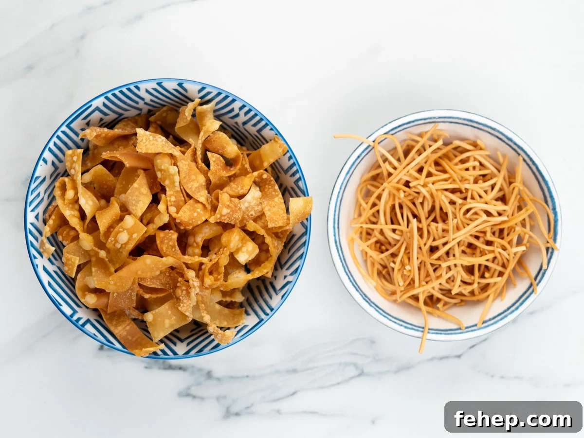 Deep fried wonton strips for salad.
